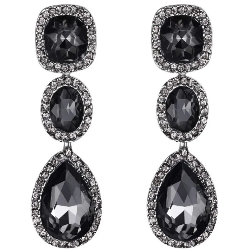 Silver with Charcoal Gray Austrian Crystal Dangling Chandelier Post Earrings